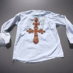 Vintage White Cotton Casual Button Long Sleeve Cross Details Sublimation Print